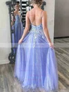 A-line V-neck Tulle Sweep Train Appliques Lace Prom Dresses #UKM020108723