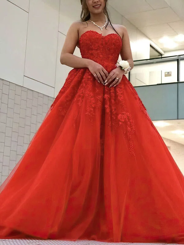 Ball Gown Sweetheart Tulle Sweep Train Appliques Lace Prom Dresses #UKM020108731