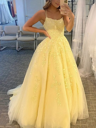 A-line Scoop Neck Tulle Sweep Train Appliques Lace Prom Dresses #UKM020108733