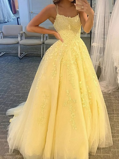 Ball Gown/Princess Sweep Train Scoop Neck Tulle Appliques Lace Prom Dresses #UKM020108733