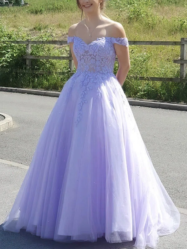 A-line Off-the-shoulder Tulle Sweep Train Appliques Lace Prom Dresses #UKM020108734