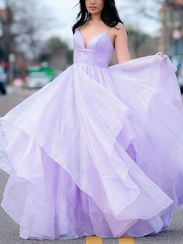 Ball Gown/Princess Sweep Train V-neck Glitter Cascading Ruffles Prom Dresses #UKM020108740
