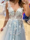 A-line V-neck Tulle Sweep Train Appliques Lace Prom Dresses #UKM020108745