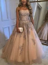 Ball Gown Strapless Tulle Sweep Train Appliques Lace Prom Dresses #UKM020108746