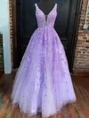 Ball Gown V-neck Tulle Floor-length Appliques Lace Prom Dresses #UKM020108748