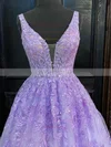 A-line V-neck Tulle Sweep Train Appliques Lace Prom Dresses #UKM020108748