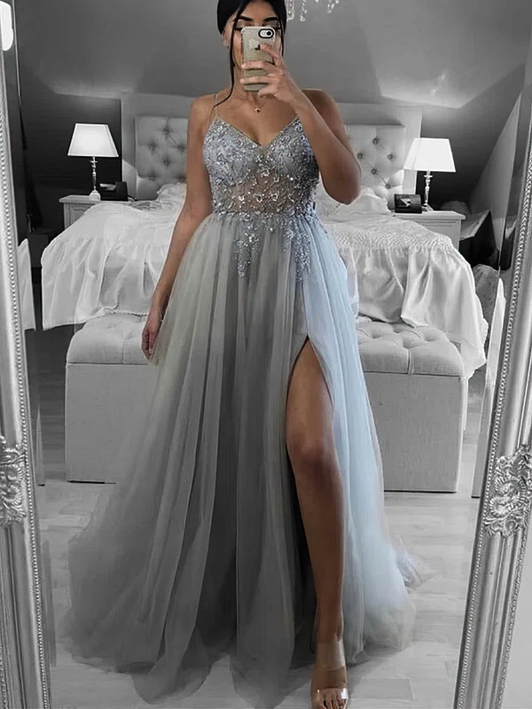 Ball Gown/Princess Sweep Train V-neck Tulle Beading Prom Dresses #UKM020108754