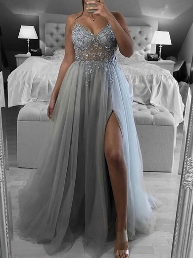 Ball Gown/Princess Sweep Train V-neck Tulle Beading Prom Dresses #UKM020108754