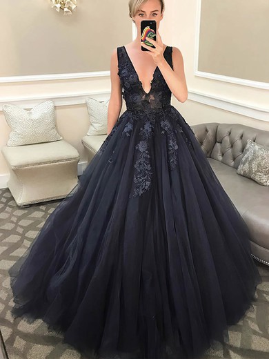 A-line V-neck Tulle Sweep Train Appliques Lace Prom Dresses #UKM020108755