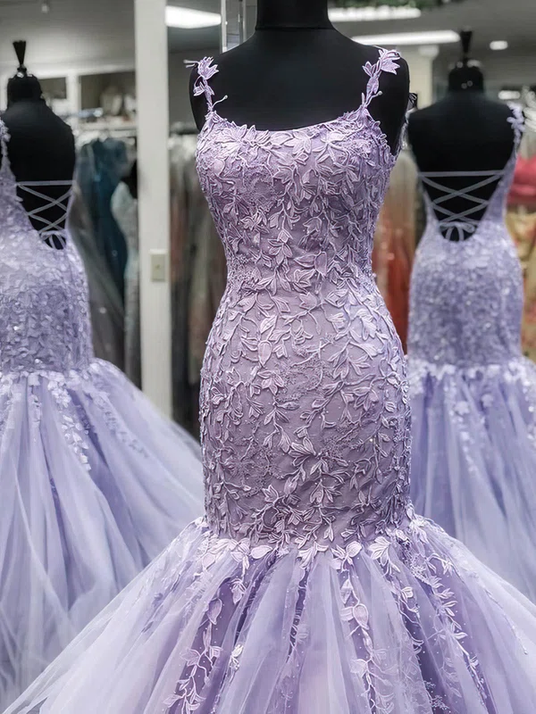 Trumpet/Mermaid Square Neckline Tulle Sweep Train Appliques Lace Prom Dresses #UKM020108760
