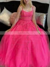 A-line Square Neckline Tulle Sweep Train Appliques Lace Prom Dresses #UKM020108769