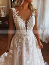 A-line Scoop Neck Lace Tulle Sweep Train Appliques Lace Prom Dresses #UKM020108772