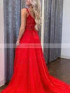 A-line V-neck Chiffon Sweep Train Appliques Lace Prom Dresses #UKM020108774