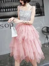 A-line Square Neckline Tulle Sequined Knee-length Tiered Short Prom Dresses #UKM020108778