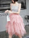 A-line Square Neckline Tulle Sequined Knee-length Tiered Prom Dresses #UKM020108778