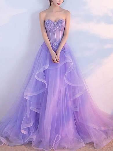 A-line Sweetheart Tulle Sweep Train Appliques Lace Prom Dresses #UKM020108779