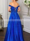 A-line Off-the-shoulder Satin Sweep Train Appliques Lace Prom Dresses #UKM020108780