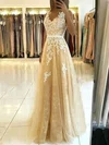 A-line V-neck Tulle Sweep Train Appliques Lace Prom Dresses #UKM020108794