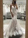 Trumpet/Mermaid V-neck Tulle Sweep Train Appliques Lace Prom Dresses #UKM020108797
