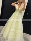 A-line V-neck Tulle Sweep Train Appliques Lace Prom Dresses #UKM020108799