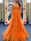 A-line Sweetheart Tulle Sweep Train Appliques Lace Prom Dresses #UKM020108801