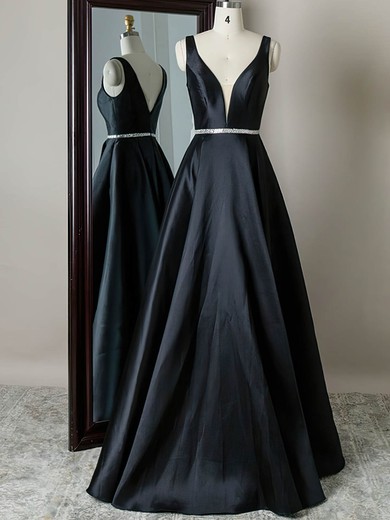 A-line V-neck Silk-like Satin Sweep Train Beading Prom Dresses #UKM020108803