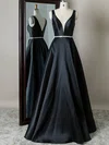 Ball Gown V-neck Satin Floor-length Sashes / Ribbons Prom Dresses #UKM020108803