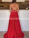 A-line V-neck Silk-like Satin Sweep Train Pockets Prom Dresses #UKM020108804