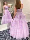A-line V-neck Tulle Sweep Train Appliques Lace Prom Dresses #UKM020108807