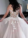 A-line V-neck Tulle Sweep Train Appliques Lace Prom Dresses #UKM020108808