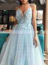 A-line V-neck Tulle Sweep Train Appliques Lace Prom Dresses #UKM020108813