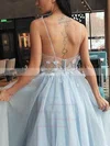 A-line V-neck Tulle Sweep Train Appliques Lace Prom Dresses #UKM020108813