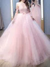 Ball Gown Scoop Neck Tulle Sweep Train Appliques Lace Prom Dresses #UKM020108815