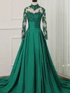Ball Gown High Neck Tulle Silk-like Satin Sweep Train Appliques Lace Prom Dresses #UKM020108817