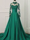 A-line Scoop Neck Tulle Silk-like Satin Sweep Train Appliques Lace Prom Dresses #UKM020108817