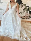 A-line V-neck Tulle Sweep Train Appliques Lace Prom Dresses #UKM020108819