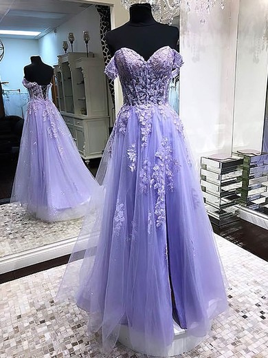 A-line Floor-length Off-the-shoulder Tulle Appliques Lace Prom Dresses #UKM020108820