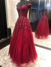 A-line Off-the-shoulder Tulle Sweep Train Appliques Lace Prom Dresses #UKM020108821