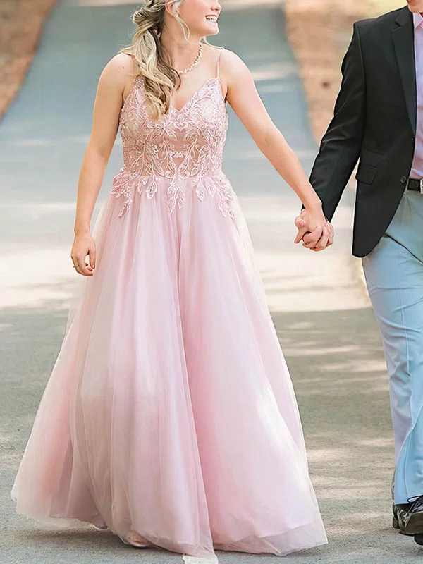 A-line V-neck Tulle Sweep Train Appliques Lace Prom Dresses #UKM020108823