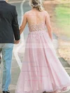 A-line V-neck Tulle Sweep Train Appliques Lace Prom Dresses #UKM020108823