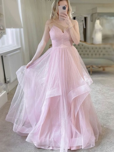 A-line V-neck Glitter Sweep Train Prom Dresses #UKM020108825
