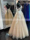 A-line V-neck Tulle Sweep Train Appliques Lace Prom Dresses #UKM020108827