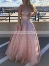 A-line Strapless Glitter Sweep Train Prom Dresses #UKM020108828