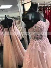 A-line V-neck Tulle Sweep Train Appliques Lace Prom Dresses #UKM020108830