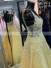 A-line V-neck Tulle Sweep Train Appliques Lace Prom Dresses #UKM020108831