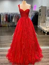Ball Gown One Shoulder Tulle Sweep Train Appliques Lace Prom Dresses #UKM020108832