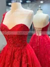 A-line One Shoulder Tulle Sweep Train Appliques Lace Prom Dresses #UKM020108832