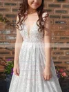 A-line V-neck Lace Sweep Train Prom Dresses #UKM020108834