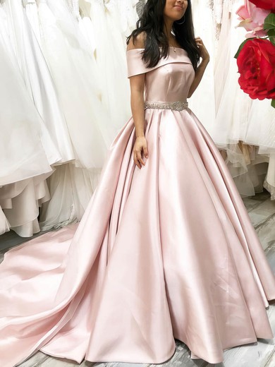 A-line Off-the-shoulder Satin Sweep Train Beading Prom Dresses #UKM020108836