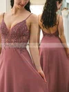 A-line V-neck Chiffon Sweep Train Appliques Lace Prom Dresses #UKM020108838